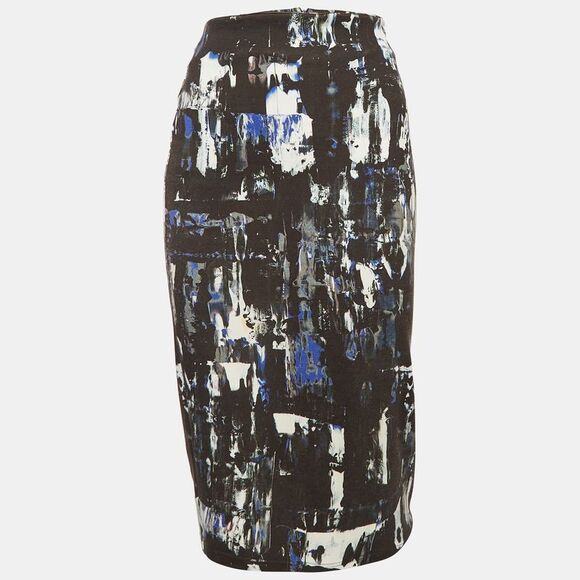 Mcq By Alexander Mcqueen Black Jersey Printed Pencil Midi Skirt M